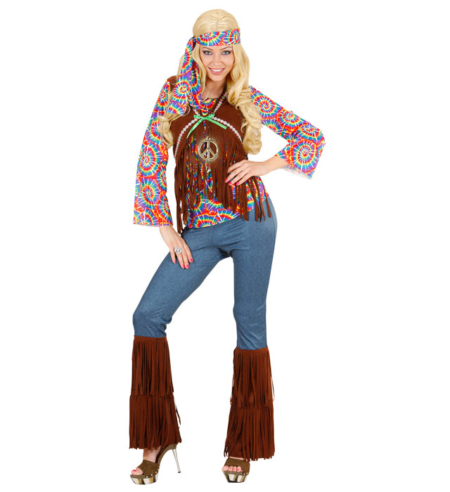 Psychedelic Hippie Damenkostüm mit buntem Shirt, Weste, Hose und Stirnband