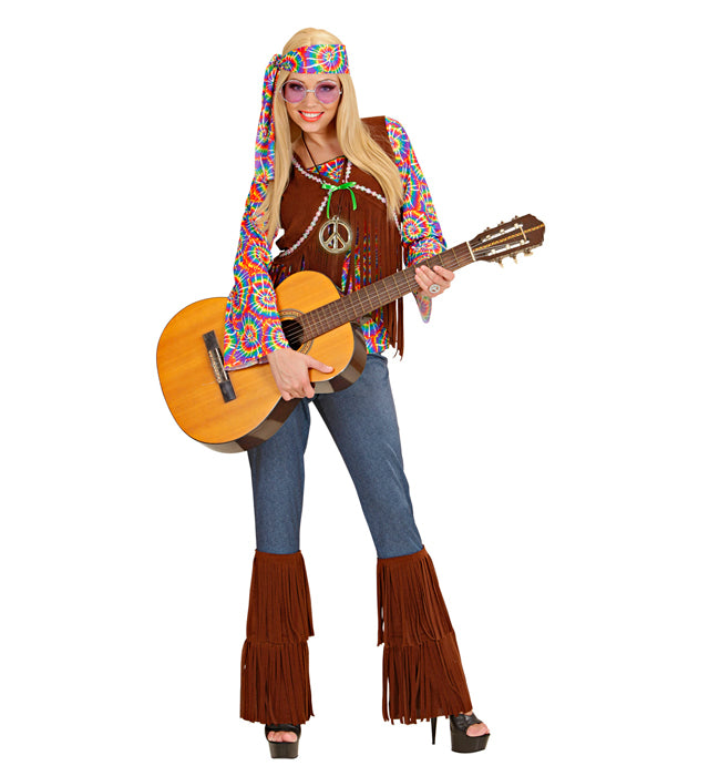 Psychedelic Hippie Damenkostüm mit buntem Shirt, Weste, Hose und Stirnband