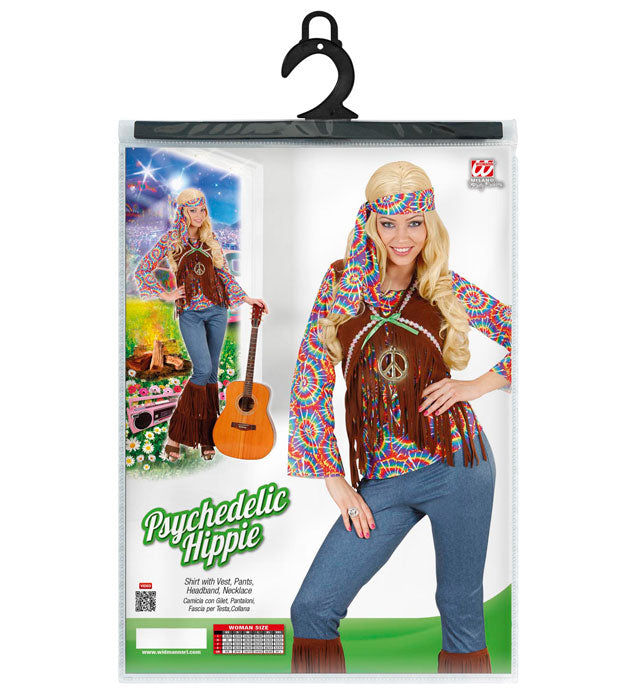 Psychedelic Hippie Damenkostüm mit buntem Shirt, Weste, Hose und Stirnband