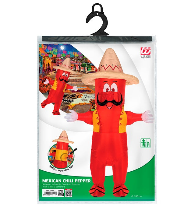 Aufblasbares Mexikanisches Chili Kostüm mit Sombrero und Gebläse für Fasnacht und Karneval