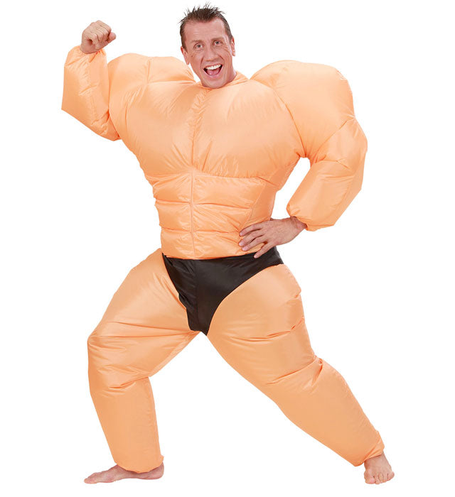 Aufblasbares Bodybuilder-Kostüm mit Gebläse und Batteriebetrieb für Fasnacht