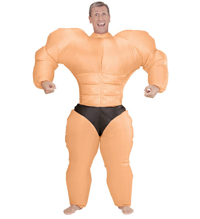 Aufblasbares Bodybuilder-Kostüm mit Gebläse und Batteriebetrieb für Fasnacht