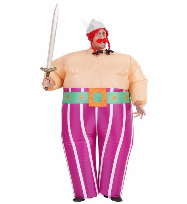 Aufblasbares Wikinger-Kostüm mit Helm, Zöpfen und Gürtel auf Fasnacht