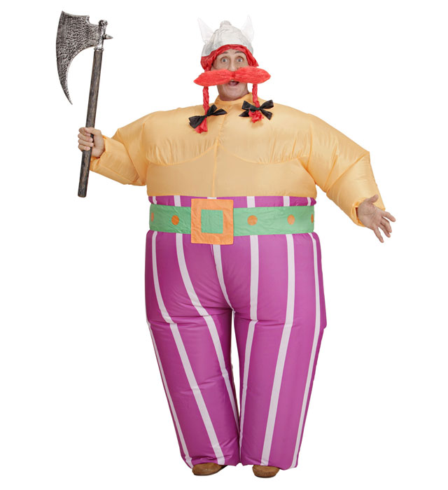 Aufblasbares Wikinger-Kostüm mit Helm, Zöpfen und Gürtel auf Fasnacht
