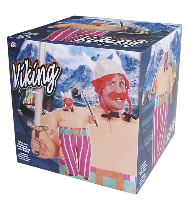 Aufblasbares Wikinger-Kostüm mit Helm, Zöpfen und Gürtel auf Fasnacht
