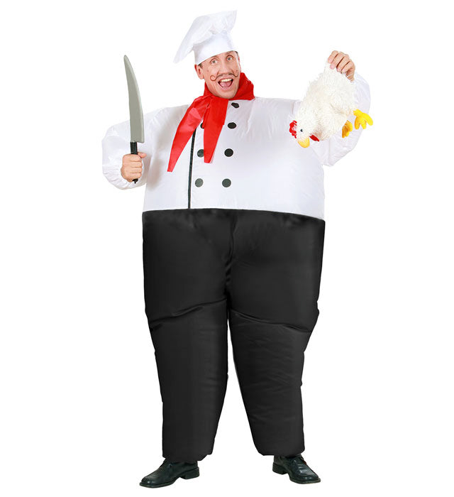 Aufblasbares Chefkoch-Kostüm mit Kochhut und Halstuch auf Fasnacht