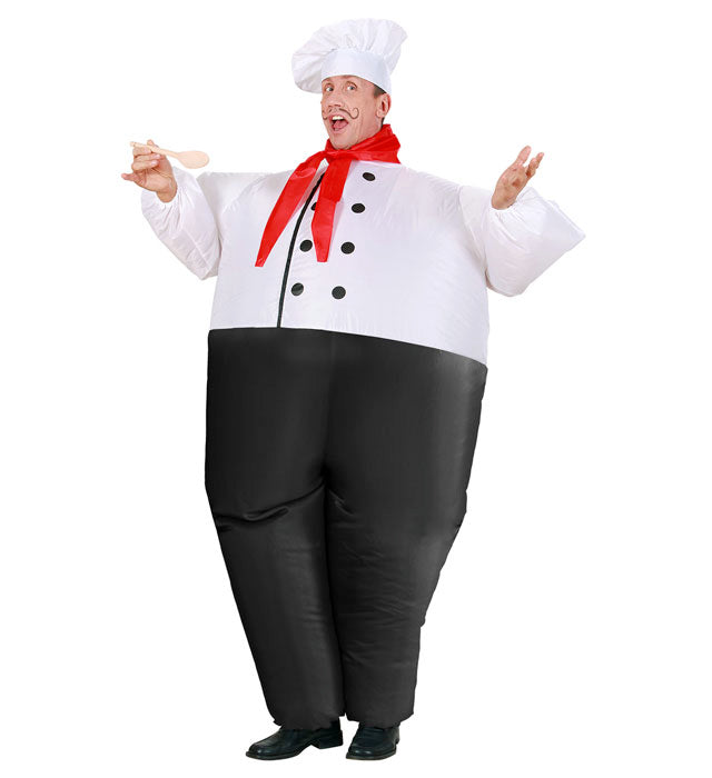 Aufblasbares Chefkoch-Kostüm mit Kochhut und Halstuch auf Fasnacht