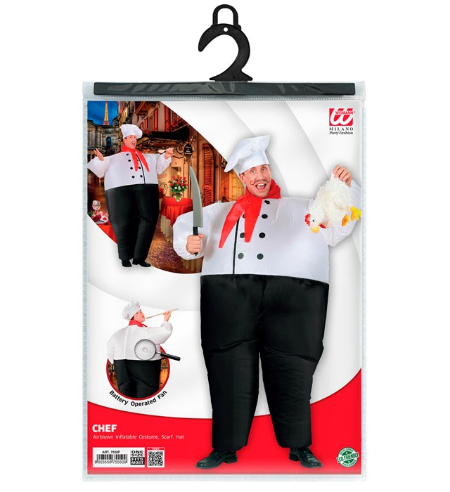 Aufblasbares Chefkoch-Kostüm mit Kochhut und Halstuch auf Fasnacht