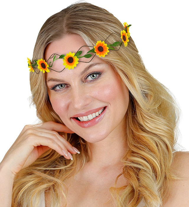 Blumendiadem mit leuchtenden Sonnenblumen auf schwarzem Hintergrund