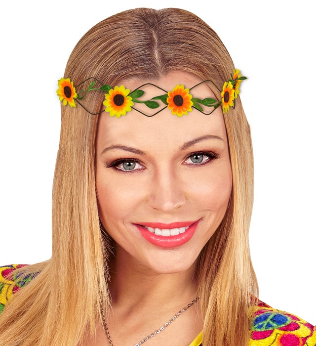 Blumendiadem mit leuchtenden Sonnenblumen auf schwarzem Hintergrund