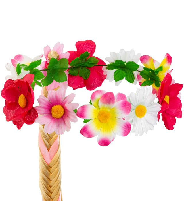 Buntes Stirnband mit Zopf und Blumen als Fasnacht-Accessoire