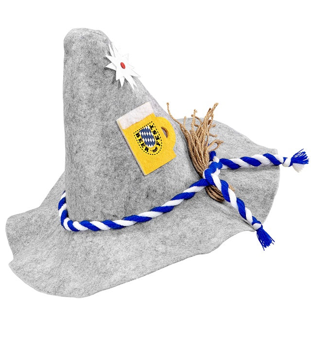 Filzhut mit Edelweiss und Bierkrug Motiv, traditionelles Bierfest Accessoire