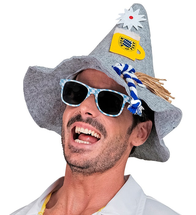 Filzhut mit Edelweiss und Bierkrug Motiv, traditionelles Bierfest Accessoire