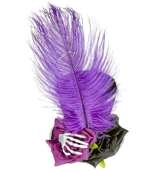 Mini Zylinder mit Skelett-Hand, roten Rosen und Federn als Halloween- und Fasnachts-Accessoire