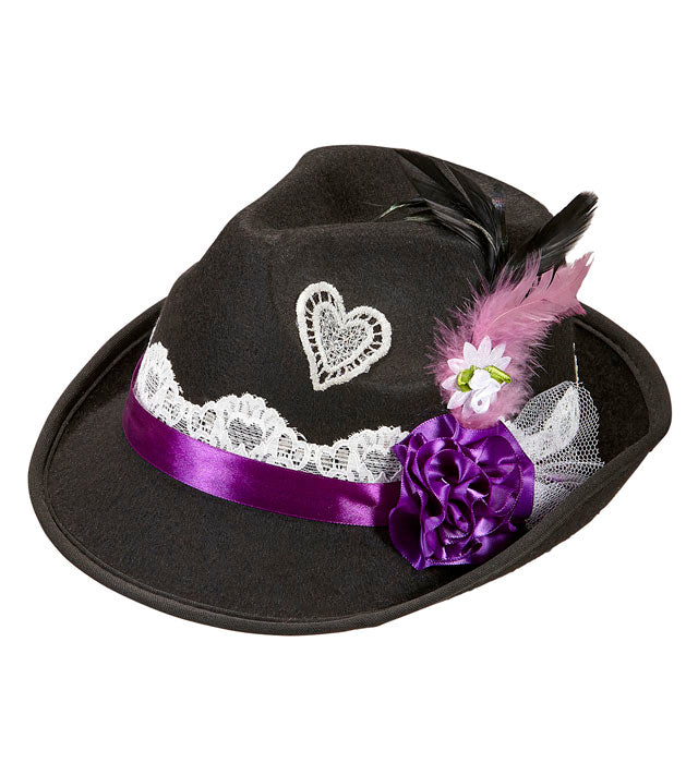 Bayerischer Fedora-Hut aus Filz mit traditioneller Dekoration, ideal für Fasnacht und Karneval