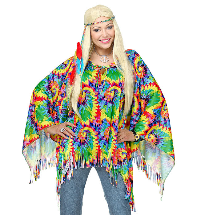 Psychedelic Hippie Poncho mit passendem Stirnband in buntem 70er Jahre Design