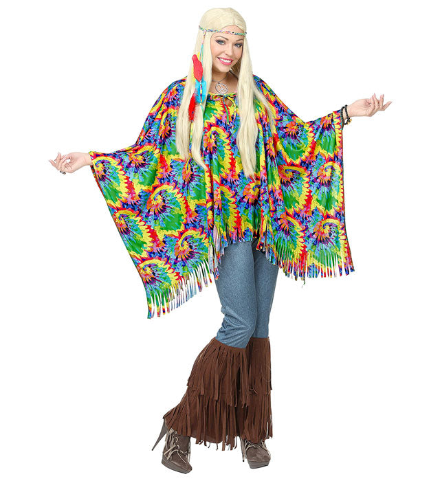 Psychedelic Hippie Poncho mit passendem Stirnband in buntem 70er Jahre Design