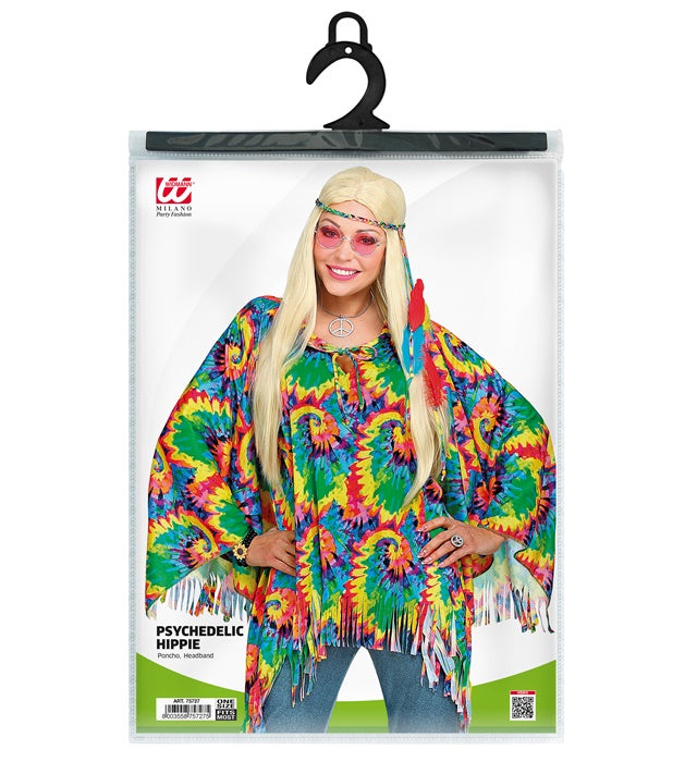Psychedelic Hippie Poncho mit passendem Stirnband in buntem 70er Jahre Design