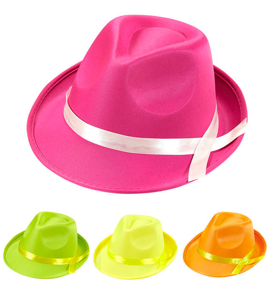 Neon Fedora-Hut in vier verschiedenen leuchtenden Farben für Fasnacht und Karneval