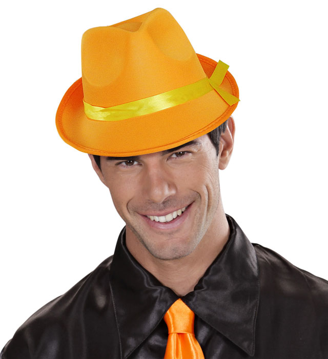 Neon Fedora-Hut in vier verschiedenen leuchtenden Farben für Fasnacht und Karneval