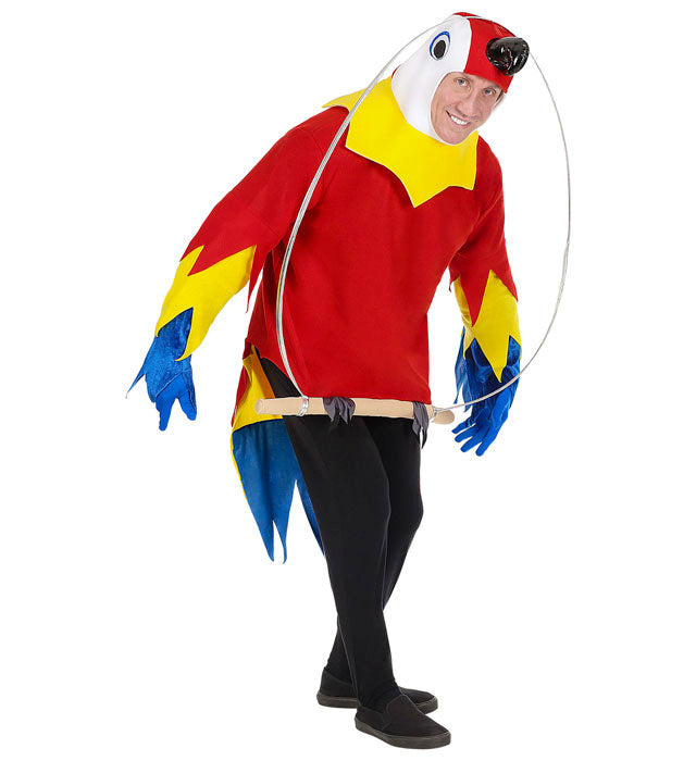 Farbenfrohe Papagei-Kopfbedeckung auf Stange für Fasnacht und Karneval