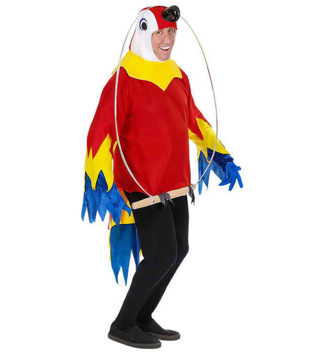 Farbenfrohe Papagei-Kopfbedeckung auf Stange für Fasnacht und Karneval