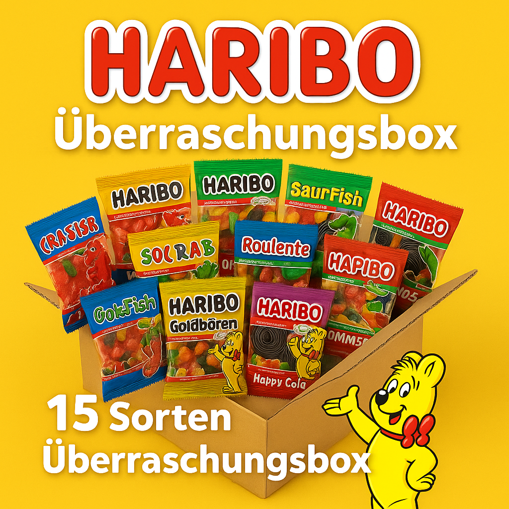 Eine bunte Haribo Überraschungsbox mit 15 Beuteln gemischter Fruchtgummis in verschiedenen Formen.