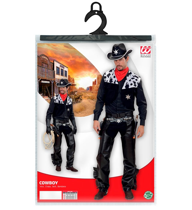 Cowboy-Kostüm-Set mit Weste, Chaps, Gürtel und rotem Bandana auf neutralem Hintergrund