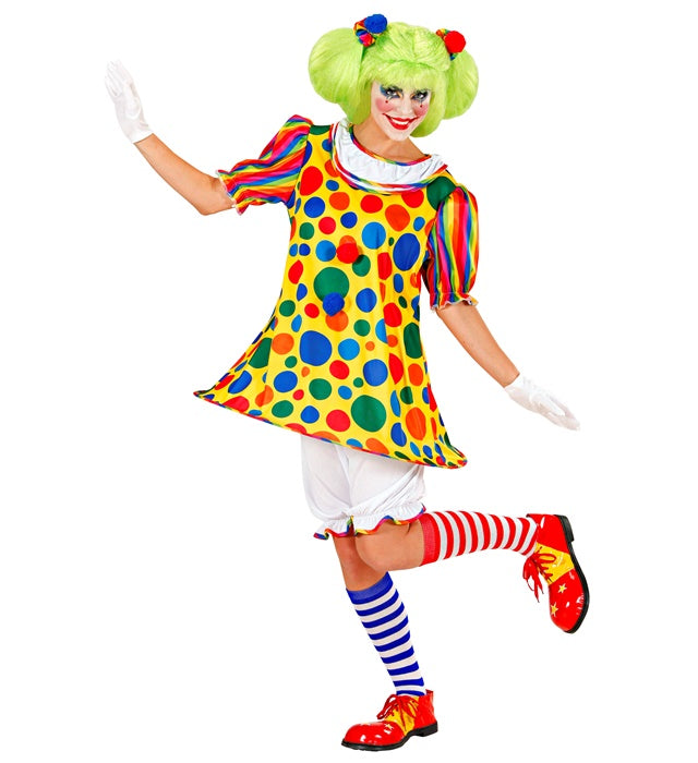 Buntes Clown-Kostüm bestehend aus Rock mit Reifen, Knickerbocker und Pom Pom Haargummis