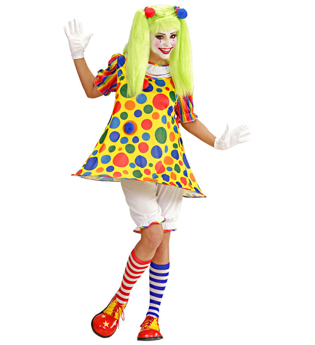 Buntes Clown-Kostüm bestehend aus Rock mit Reifen, Knickerbocker und Pom Pom Haargummis