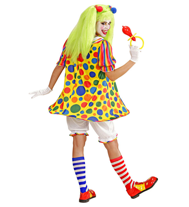 Buntes Clown-Kostüm bestehend aus Rock mit Reifen, Knickerbocker und Pom Pom Haargummis