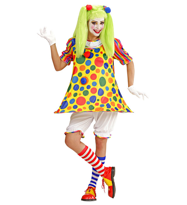 Buntes Clown-Kostüm bestehend aus Rock mit Reifen, Knickerbocker und Pom Pom Haargummis
