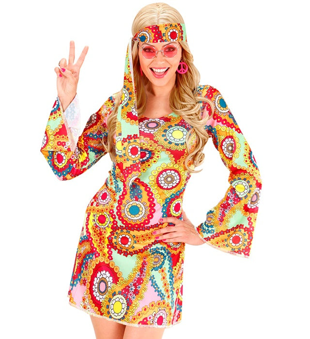 Hippie Girl Kostüm mit buntem Kleid und Stirnband für Fasnacht