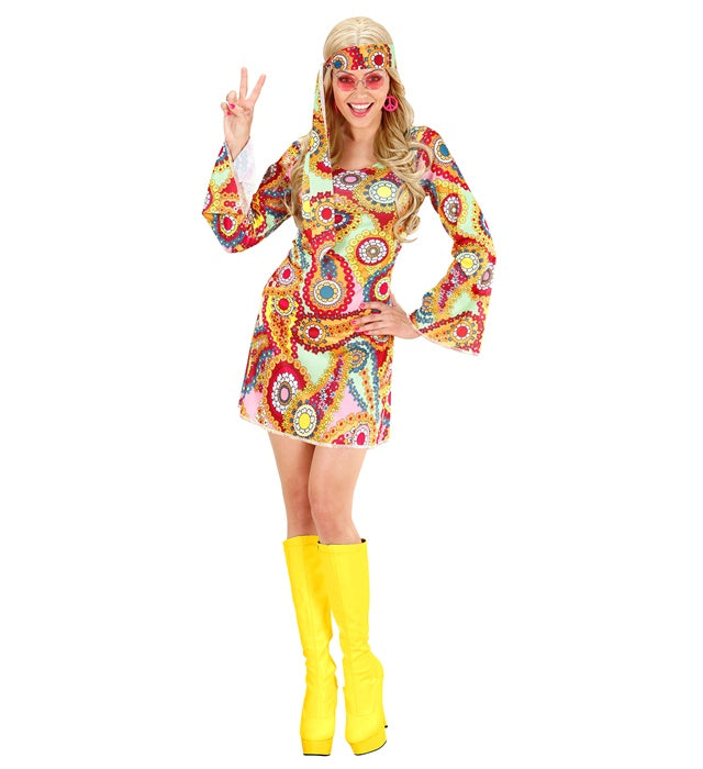 Hippie Girl Kostüm mit buntem Kleid und Stirnband für Fasnacht