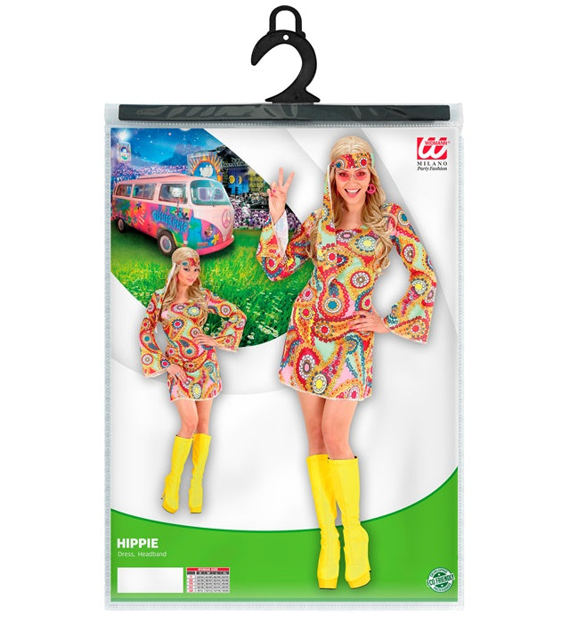 Hippie Girl Kostüm mit buntem Kleid und Stirnband für Fasnacht