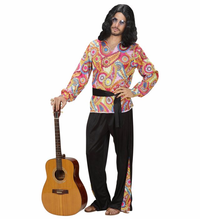 Hippie Dude Kostüm Set mit buntem Shirt, Hose und Gürtel für Fasnacht