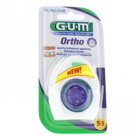 GUM GUM Ortho Floss Zahnseide 50 Stück für Zahnspangen und enge Zwischenräume Sonnenpflege