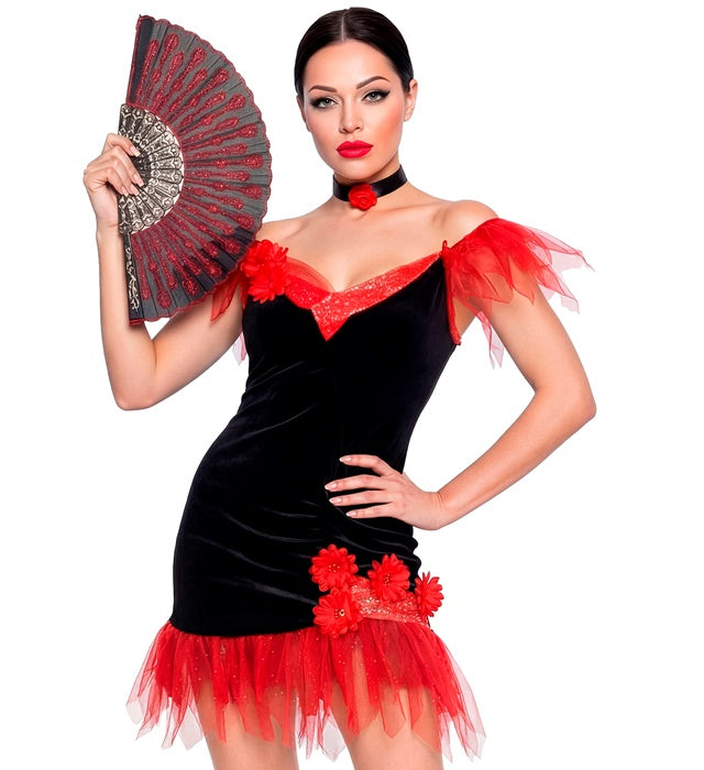 Spanierinnen-Kleid mit rotem Halsband und Rose für Fasnacht Kostüm