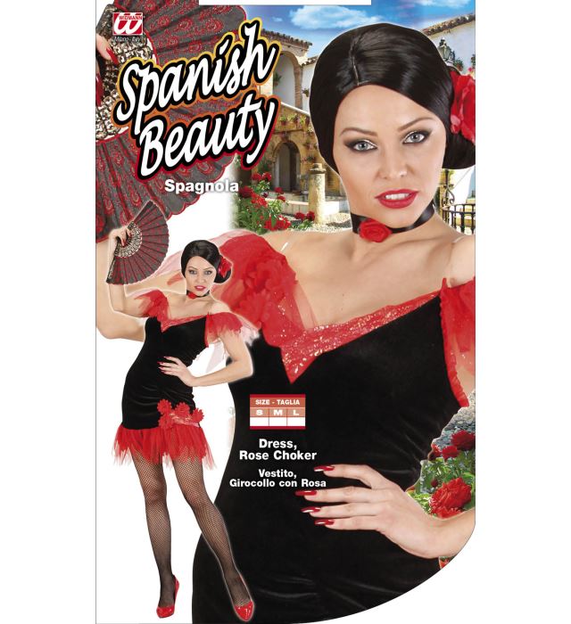 Spanierinnen-Kleid mit rotem Halsband und Rose für Fasnacht Kostüm