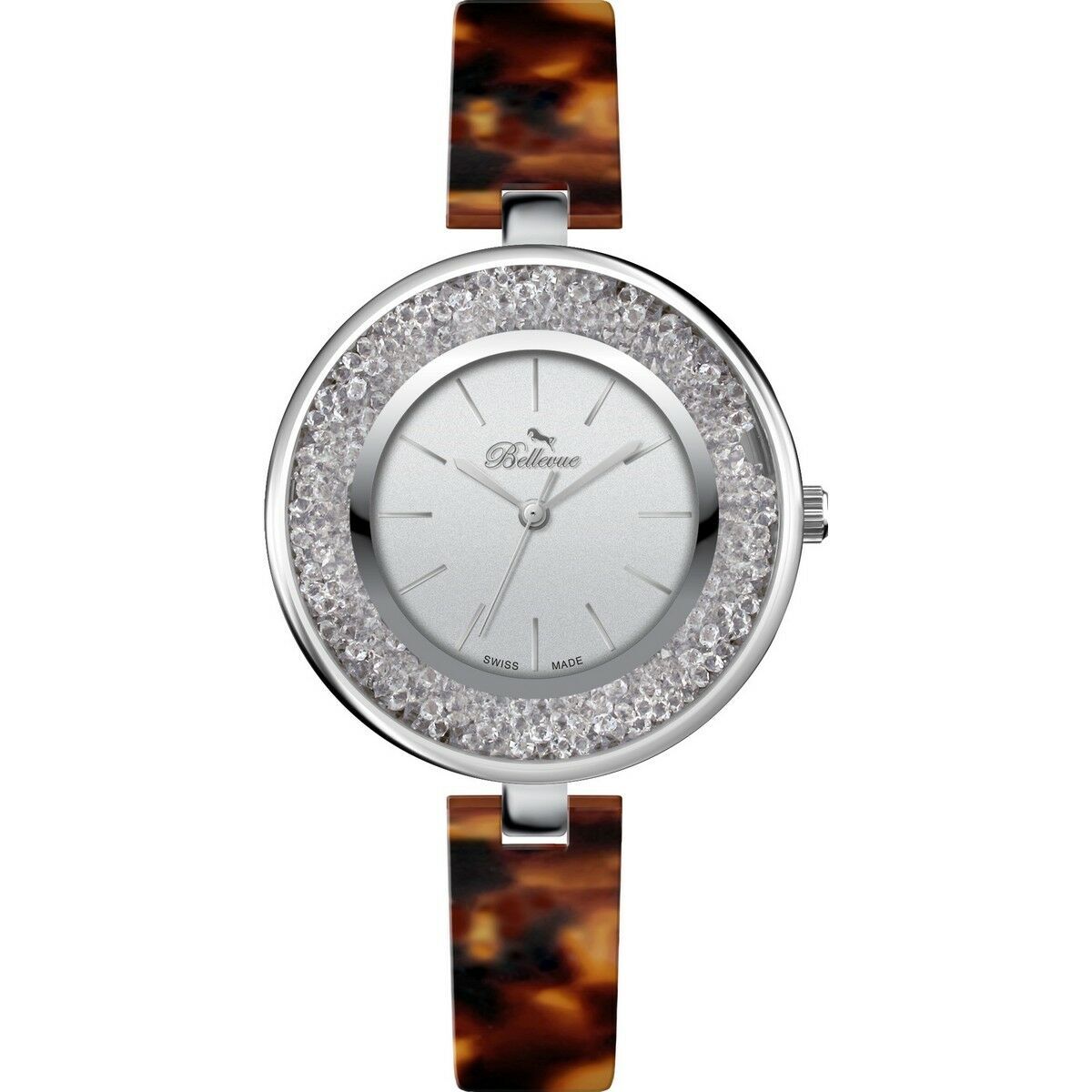 Bellevue D.71 Damenuhr mit grauem Metallgehäuse und braunem Resin-Armband – Produktansicht