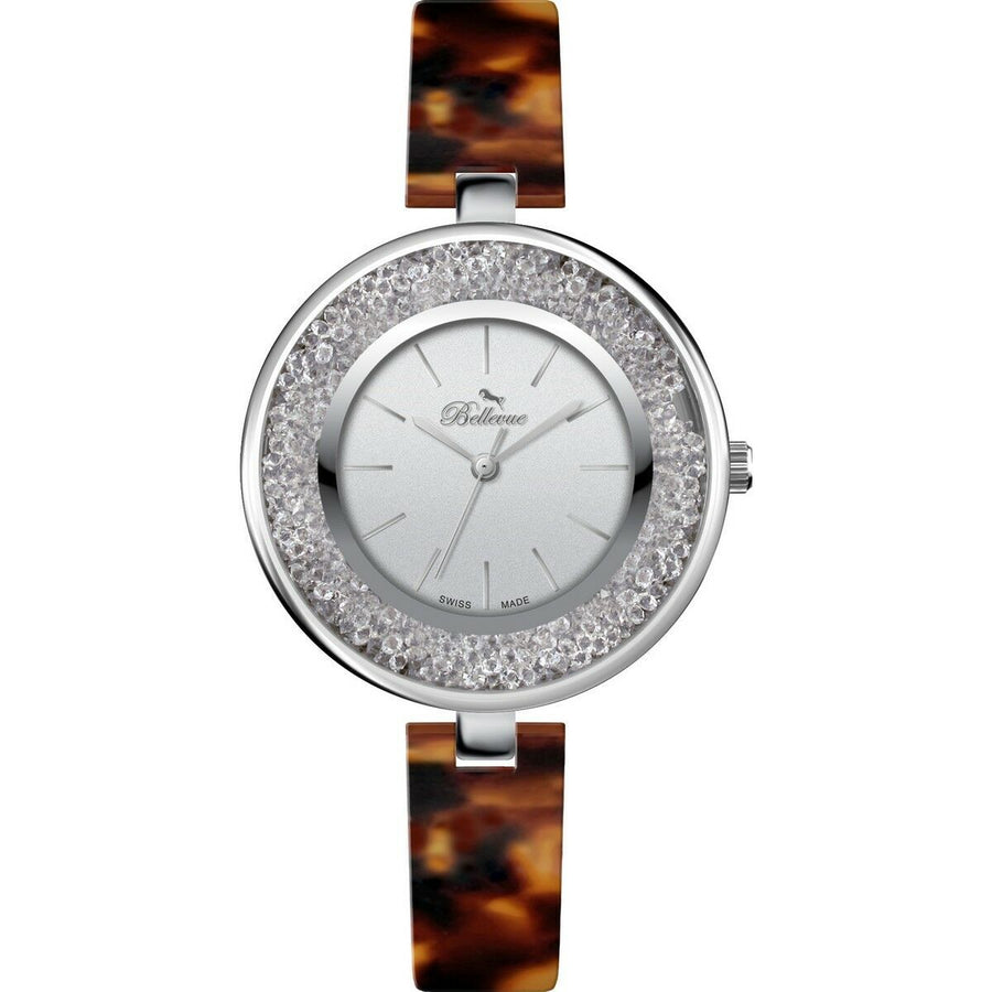 Bellevue D.71 Damenuhr mit grauem Metallgehäuse und braunem Resin-Armband – Produktansicht