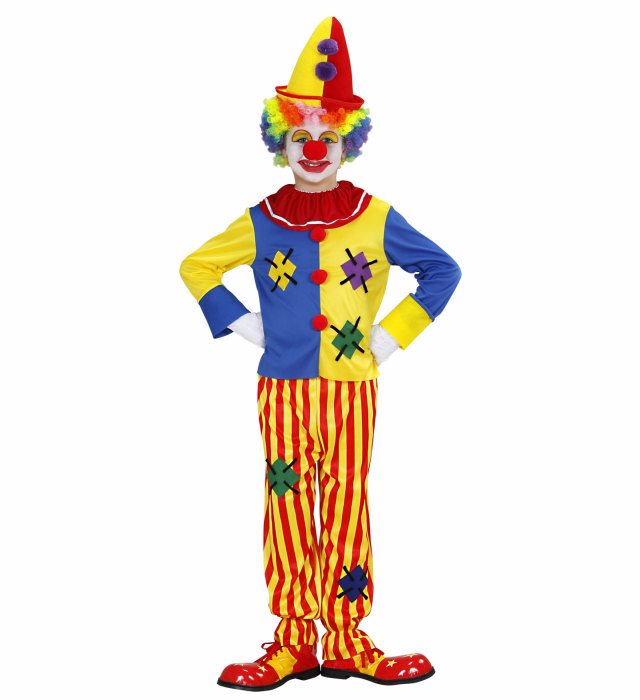 Buntes Clown-Kostüm bestehend aus Oberteil und Hose auf hellem Hintergrund