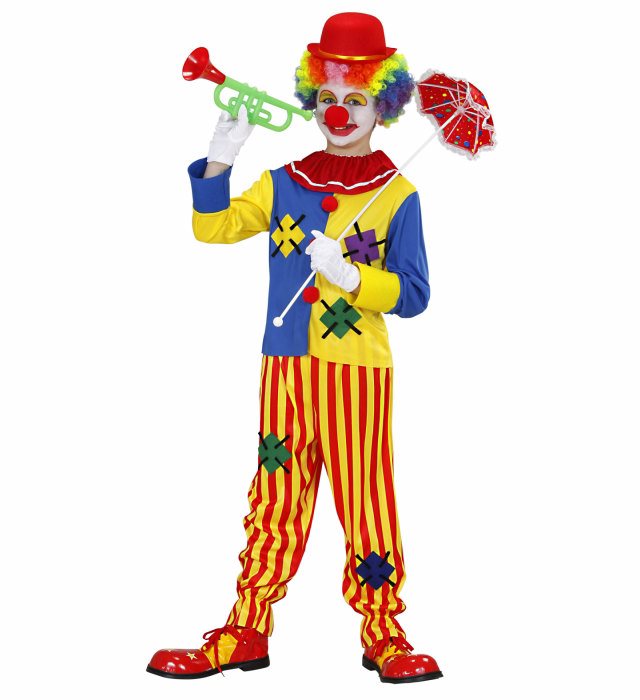 Buntes Clown-Kostüm bestehend aus Oberteil und Hose auf hellem Hintergrund