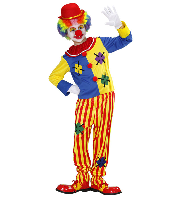 Buntes Clown-Kostüm bestehend aus Oberteil und Hose auf hellem Hintergrund