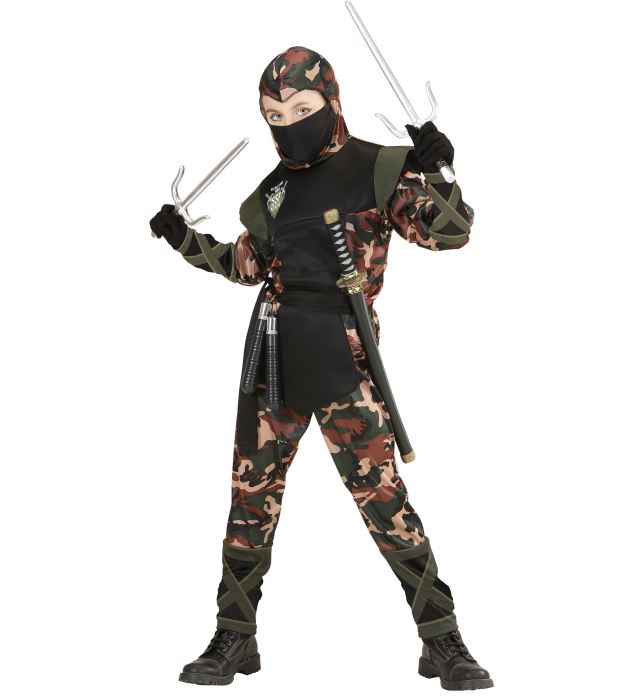 Ninja Soldat Kostüm mit Kapuze, Gürtel und Mundschutz auf neutralem Hintergrund