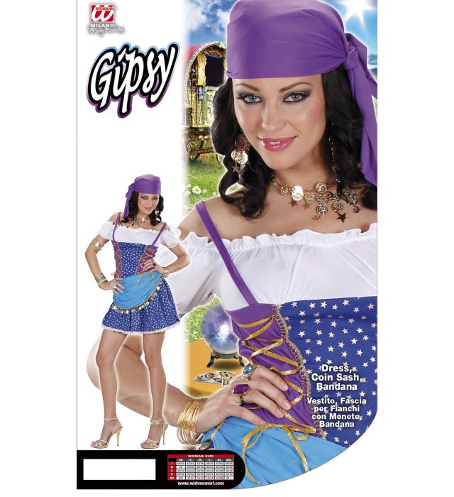 Hellblaues Wahrsagerin Fasnacht Kostüm mit Kleid, Hüftgürtel und Bandana