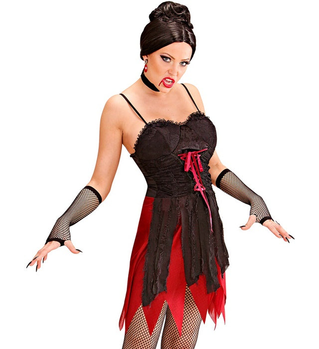 Viktorianisches Vampirinnen-Kostüm mit schwarzem Kleid und Halsband