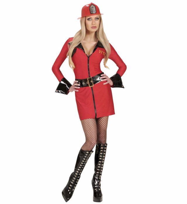 Feuerwehrfrau Kostüm mit rotem Kleid und Gürtel für Fasnacht