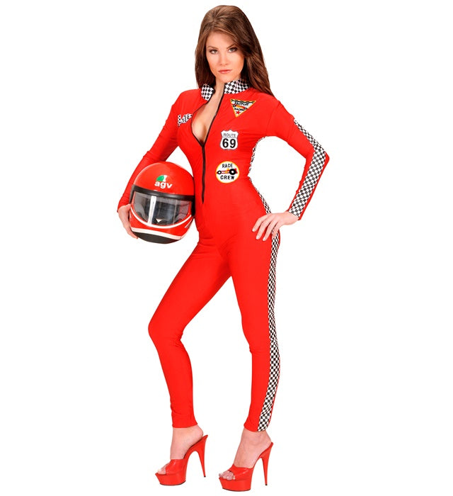 RACER BABE Overall Rennfahrer-Kostüm mit Karomuster für Fasnacht