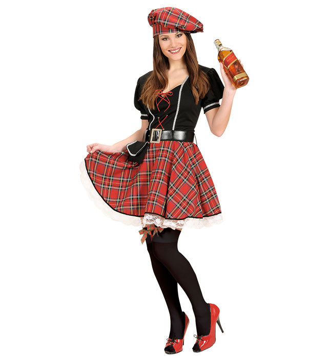 Schottin Kostüm Set mit traditionellem Hut, Gürtel und Geldbeutel für Fasnacht